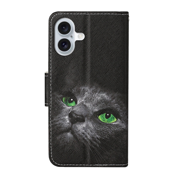 For iPhone 16 3D Colored Drawing Flip Leather Phone Case(Black Cat)