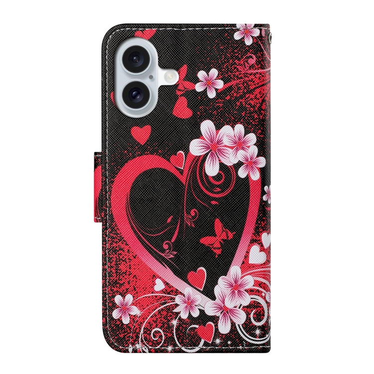 For iPhone 16 3D Colored Drawing Flip Leather Phone Case(Red Heart)