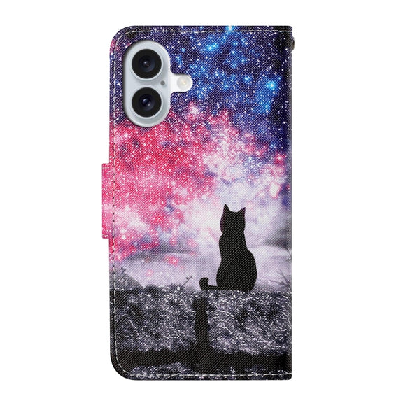 For iPhone 16 3D Colored Drawing Flip Leather Phone Case(Star Cat)