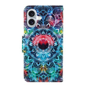 For iPhone 16 3D Colored Drawing Flip Leather Phone Case(Mandala)