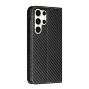 For Samsung Galaxy S24 Ultra 5G Carbon Fiber Texture Flip Holder Leather Phone Case(Black)