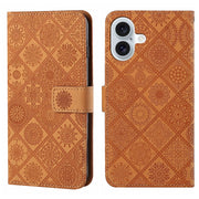 For iPhone 16 Plus Ethnic Style Embossed Pattern Leather Phone Case(Brown)