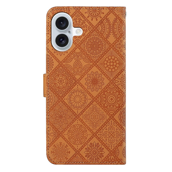 For iPhone 16 Plus Ethnic Style Embossed Pattern Leather Phone Case(Brown)