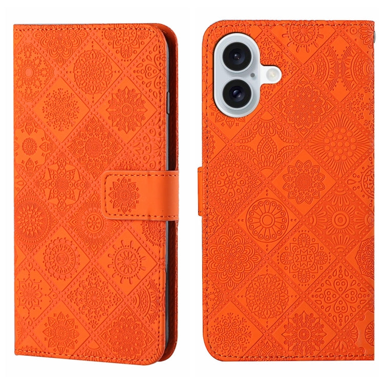 For iPhone 16 Ethnic Style Embossed Pattern Leather Phone Case(Orange)