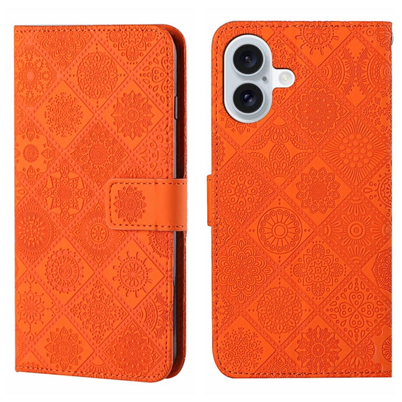 For iPhone 16 Ethnic Style Embossed Pattern Leather Phone Case(Orange)