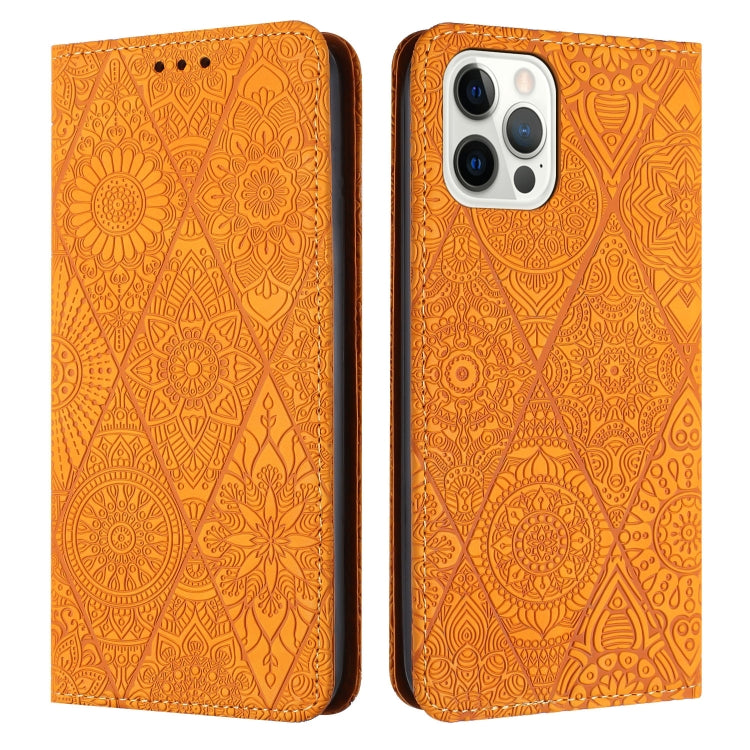For iPhone 16 Pro Max Ethnic Embossed Adsorption Leather Phone Case(Yellow)
