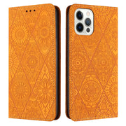 For iPhone 16 Pro Max Ethnic Embossed Adsorption Leather Phone Case(Yellow)