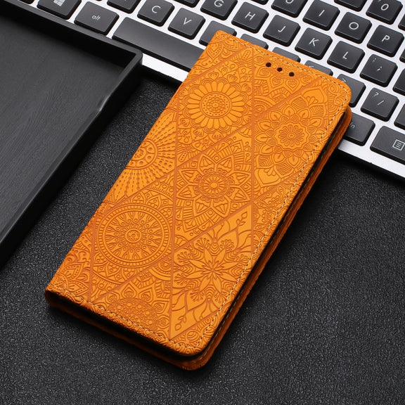 For iPhone 16 Pro Max Ethnic Embossed Adsorption Leather Phone Case(Yellow)