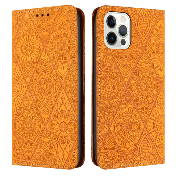 For iPhone 16 Pro Max Ethnic Embossed Adsorption Leather Phone Case(Yellow)