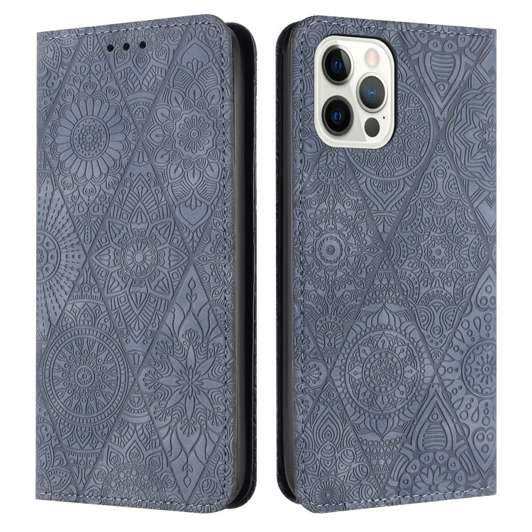 For iPhone 16 Pro Ethnic Embossed Adsorption Leather Phone Case(Grey)