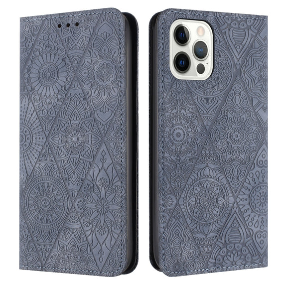 For iPhone 16 Pro Ethnic Embossed Adsorption Leather Phone Case(Grey)