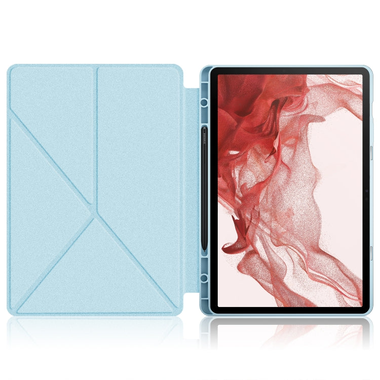 For Samsung Galaxy Tab S9 Cloth Texture Multi-folding Horizontal Flip Leather Tablet Case(Sky Blue)
