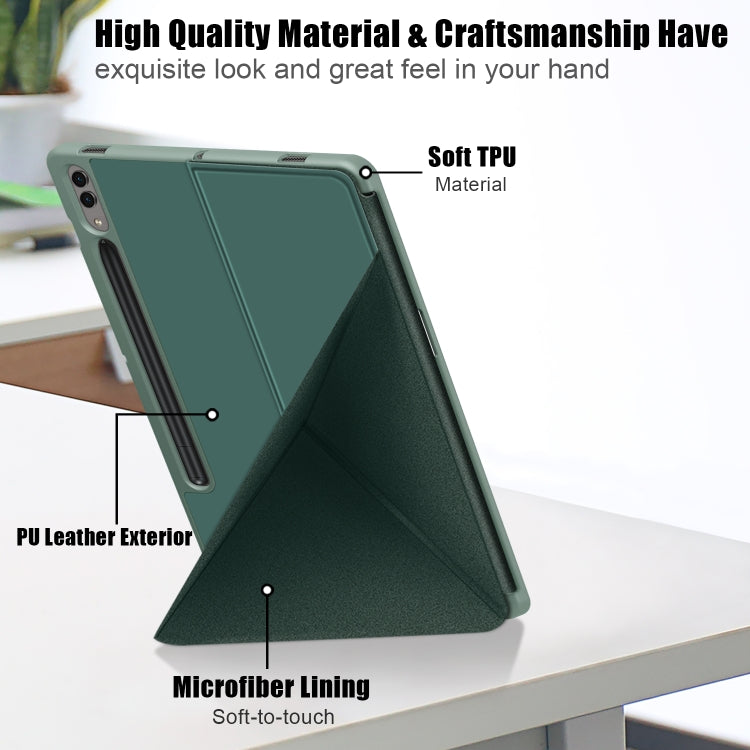 For Samsung Galaxy Tab S9+ Cloth Texture Multi-folding Horizontal Flip Leather Tablet Case(Dark Green)