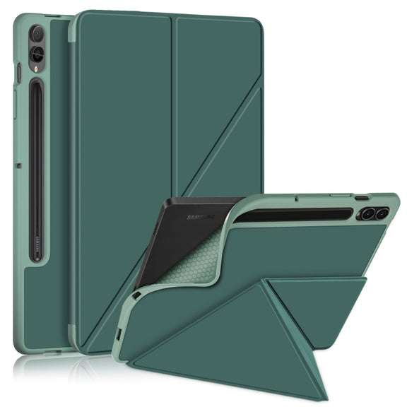 For Samsung Galaxy Tab S9+ Cloth Texture Multi-folding Horizontal Flip Leather Tablet Case(Dark Green)