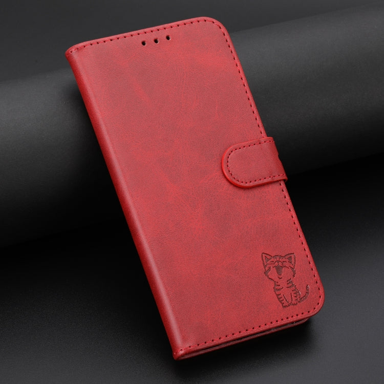For iPhone 16 Pro Max Embossed Happy Cat Pattern Flip Leather Phone Case(Red)