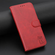 For iPhone 16 Pro Max Embossed Happy Cat Pattern Flip Leather Phone Case(Red)