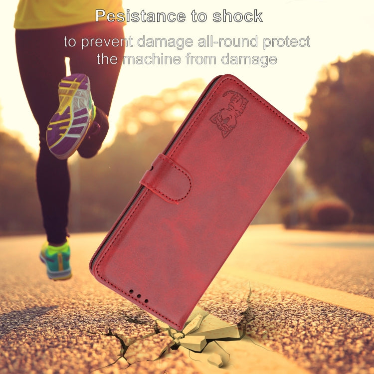 For iPhone 16 Pro Max Embossed Happy Cat Pattern Flip Leather Phone Case(Red)