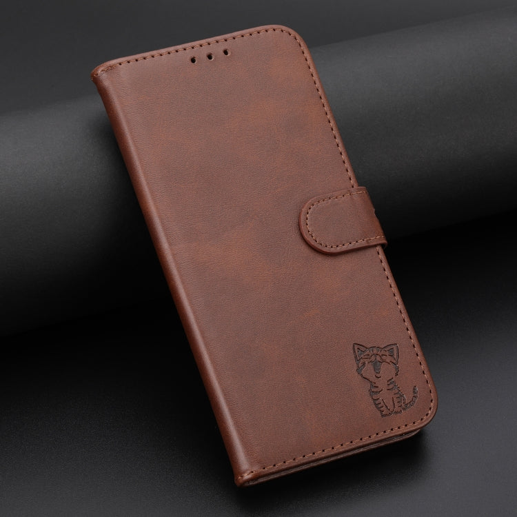 For iPhone 16 Pro Embossed Happy Cat Pattern Flip Leather Phone Case(Brown)