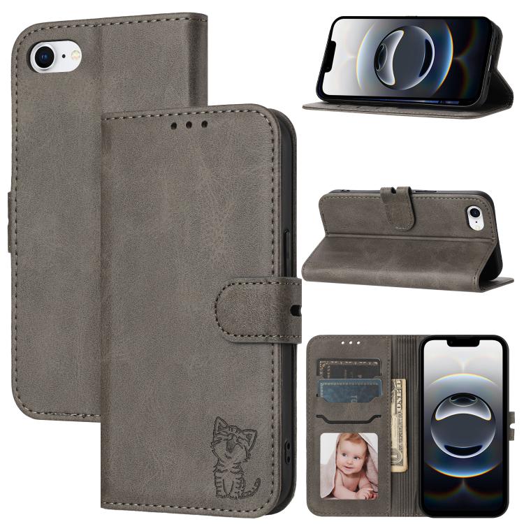 For iPhone 16e Embossed Happy Cat Pattern Flip Leather Phone Case(Grey)
