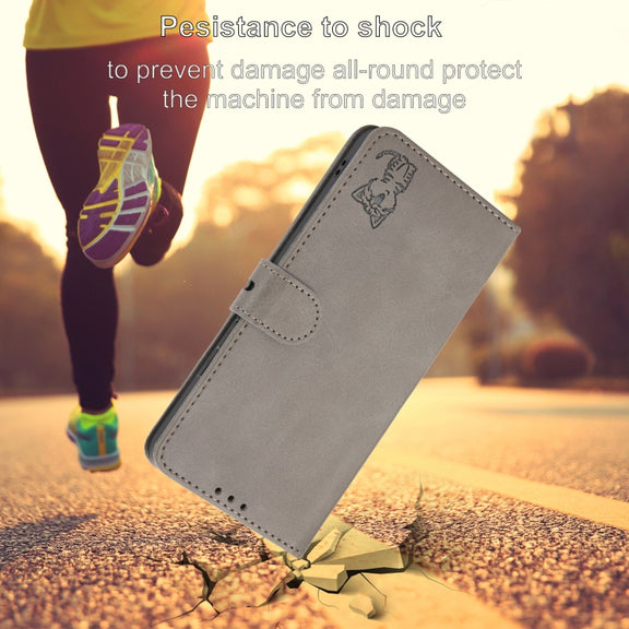 For iPhone 16e Embossed Happy Cat Pattern Flip Leather Phone Case(Grey)