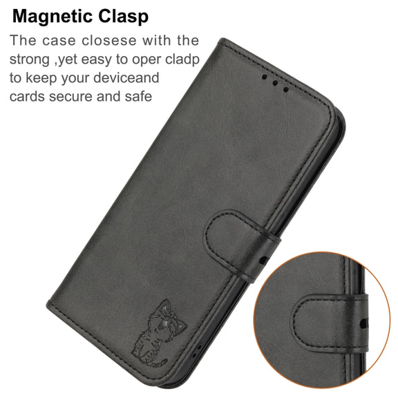 For iPhone 16e Embossed Happy Cat Pattern Flip Leather Phone Case(Black)
