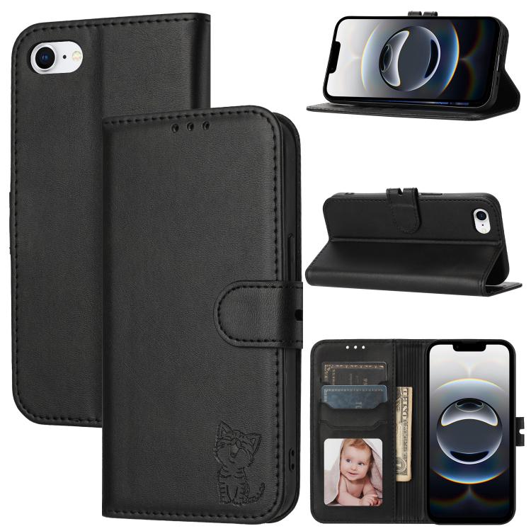 For iPhone 16e Embossed Happy Cat Pattern Flip Leather Phone Case(Black)