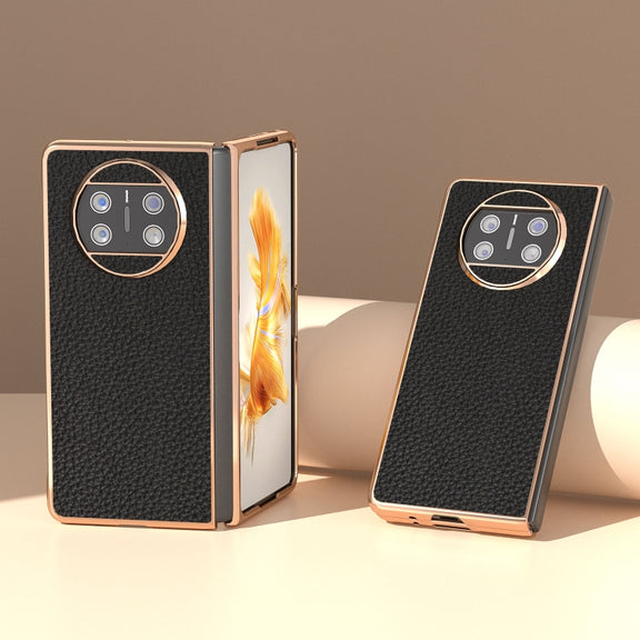 For Huawei Mate X3 Electroplating Genuine Leather Litchi Texture Phone Case(Black)