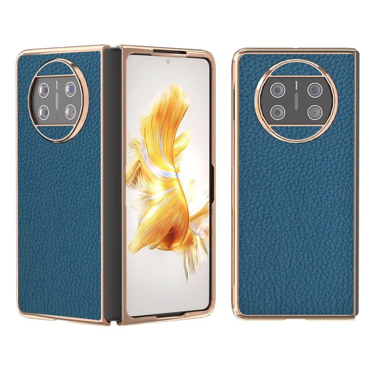 For Huawei Mate X3 Electroplating Genuine Leather Litchi Texture Phone Case(Blue)