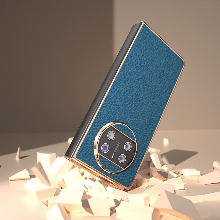For Huawei Mate X3 Electroplating Genuine Leather Litchi Texture Phone Case(Blue)