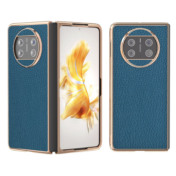 For Huawei Mate X3 Electroplating Genuine Leather Litchi Texture Phone Case(Blue)