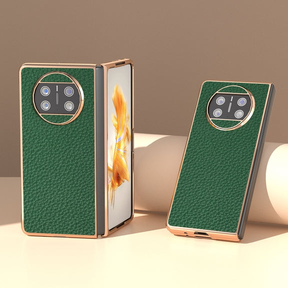 For Huawei Mate X3 Electroplating Genuine Leather Litchi Texture Phone Case(Green)