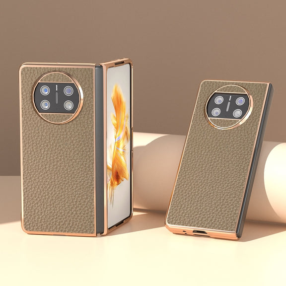 For Huawei Mate X3 Electroplating Genuine Leather Litchi Texture Phone Case(Grey)