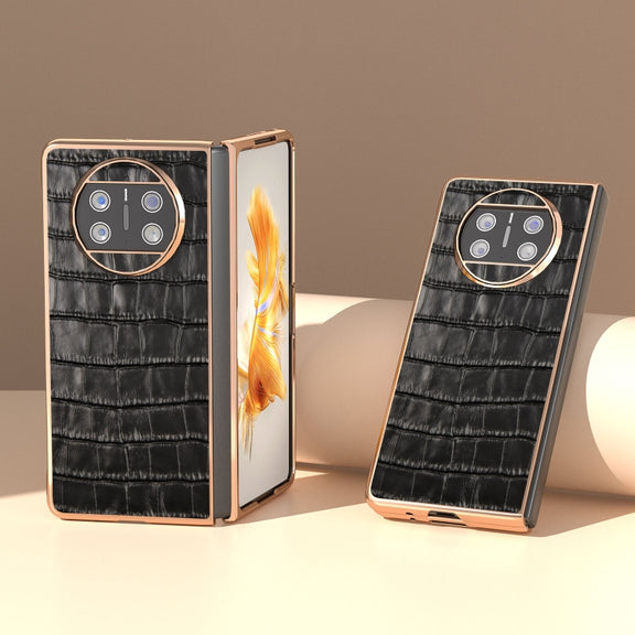 For Huawei Mate X3 Electroplating Crocodile Texture Genuine Leather Phone Case(Black)
