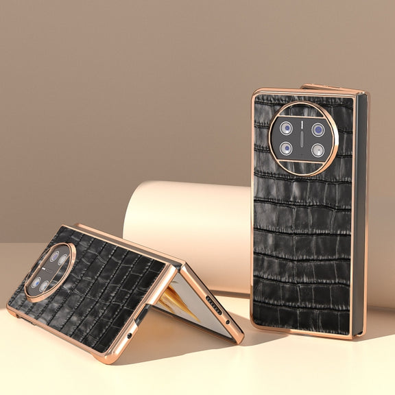 For Huawei Mate X3 Electroplating Crocodile Texture Genuine Leather Phone Case(Black)
