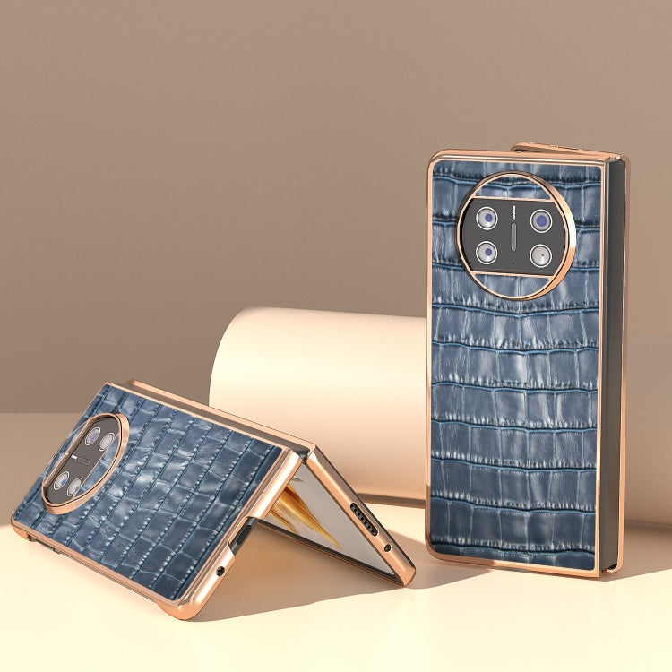 For Huawei Mate X3 Electroplating Crocodile Texture Genuine Leather Phone Case(Blue)
