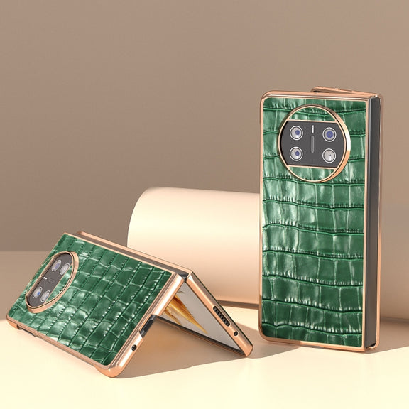 For Huawei Mate X3 Electroplating Crocodile Texture Genuine Leather Phone Case(Green)
