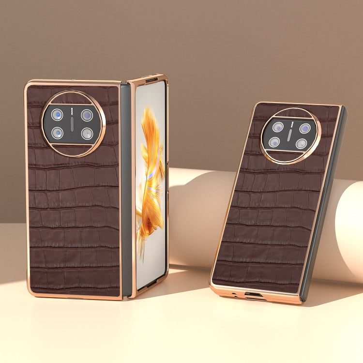For Huawei Mate X3 Electroplating Crocodile Texture Genuine Leather Phone Case(Brown)