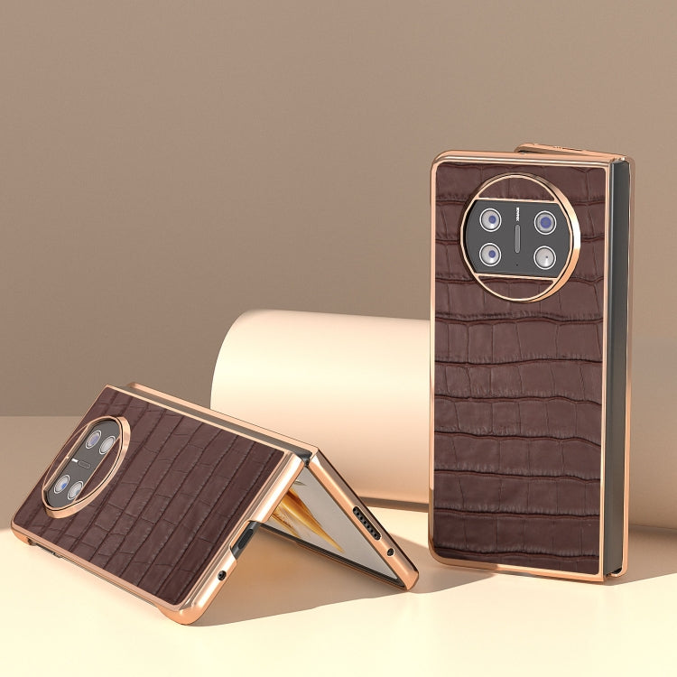 For Huawei Mate X3 Electroplating Crocodile Texture Genuine Leather Phone Case(Brown)