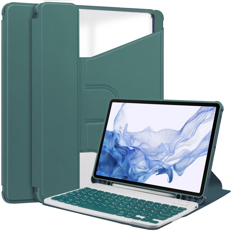 For Samsung Galaxy Tab S9 360 Rotation Transparent Smart Leather Case with Keyboard(Dark Green)