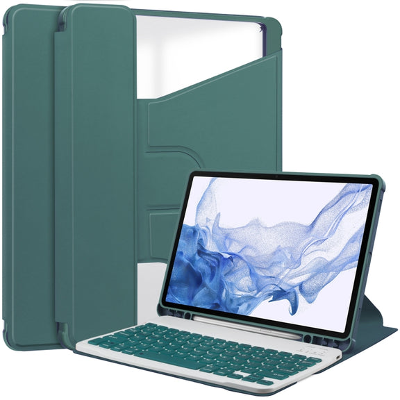 For Samsung Galaxy Tab S9 360 Rotation Transparent Smart Leather Case with Keyboard(Dark Green)