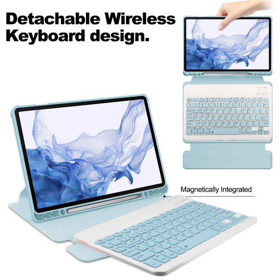 For Samsung Galaxy Tab S9 360 Rotation Transparent Smart Leather Case with Keyboard(Sky Blue)