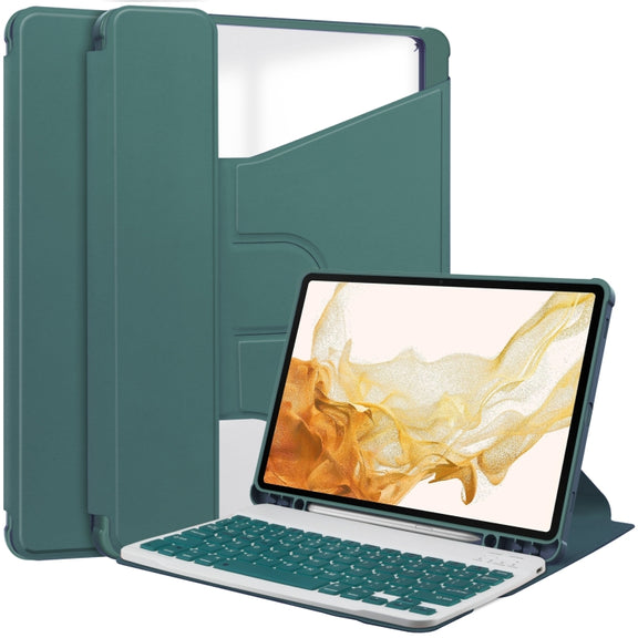For Samsung Galaxy Tab S9+ 360 Rotation Transparent Smart Leather Case with Keyboard(Dark Green)