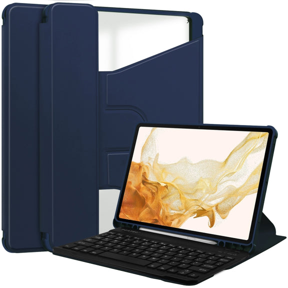 For Samsung Galaxy Tab S9+ 360 Rotation Transparent Smart Leather Case with Keyboard(Dark Blue)