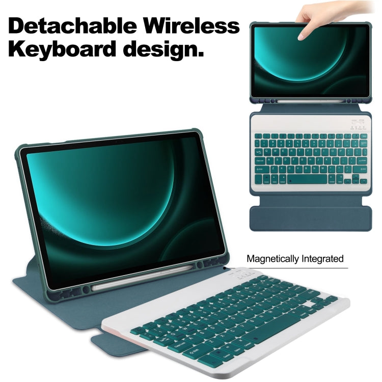 For Samsung Galaxy Tab S9 FE+ / S10+ 360 Rotation Transparent Smart Leather Case with Keyboard(Dark Green)