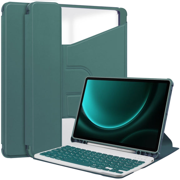 For Samsung Galaxy Tab S9 FE+ / S10+ 360 Rotation Transparent Smart Leather Case with Keyboard(Dark Green)