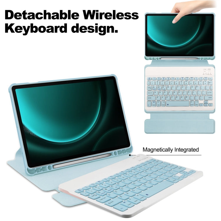 For Samsung Galaxy Tab S9 FE+ 360 Rotation Transparent Smart Leather Case with Keyboard(Sky Blue)