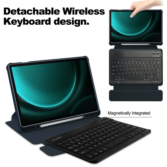 For Samsung Galaxy Tab S9 FE+ 360 Rotation Transparent Smart Leather Case with Keyboard(Dark Blue)