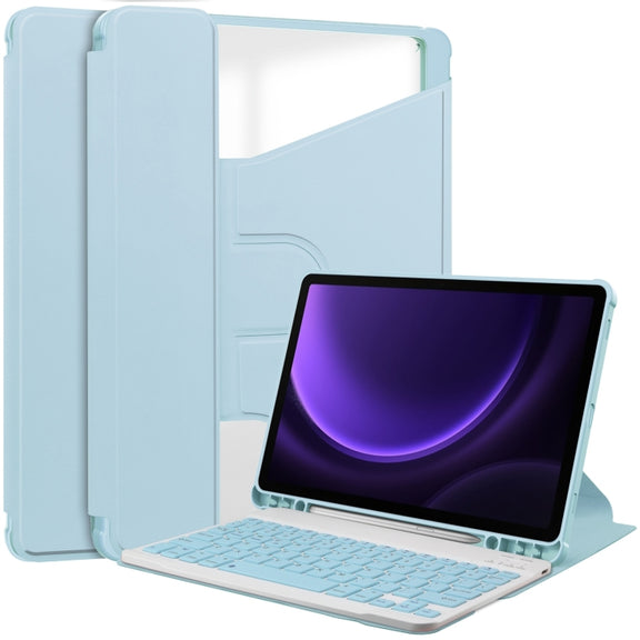 For Samsung Galaxy Tab S9 FE 360 Rotation Transparent Smart Leather Case with Keyboard(Sky Blue)