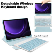 For Samsung Galaxy Tab S9 FE 360 Rotation Transparent Smart Leather Case with Keyboard(Sky Blue)