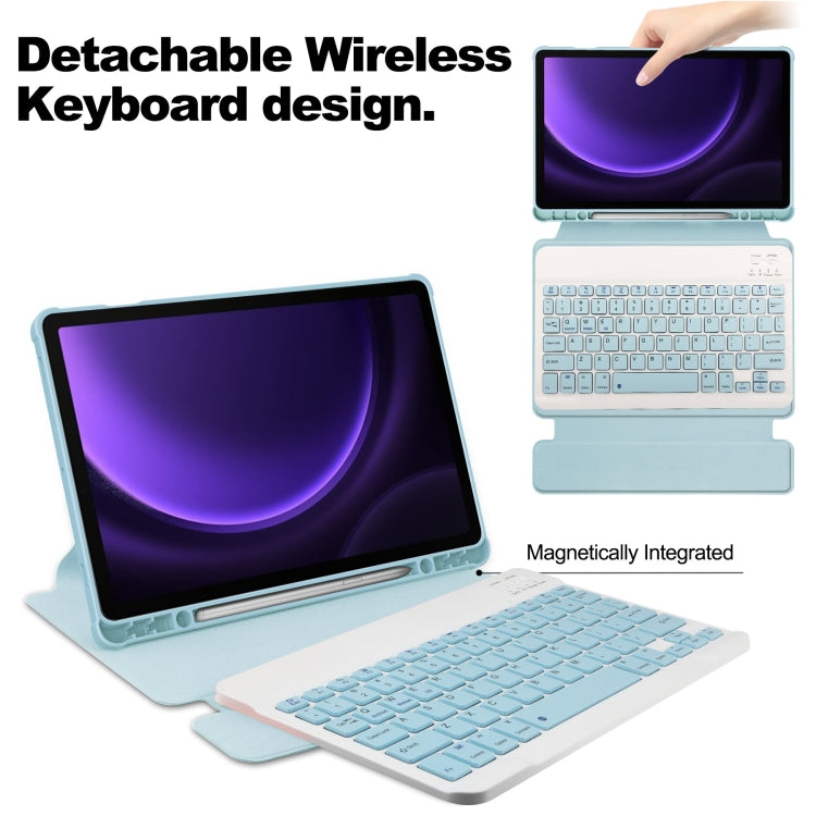 For Samsung Galaxy Tab S9 FE 360 Rotation Transparent Smart Leather Case with Keyboard(Sky Blue)